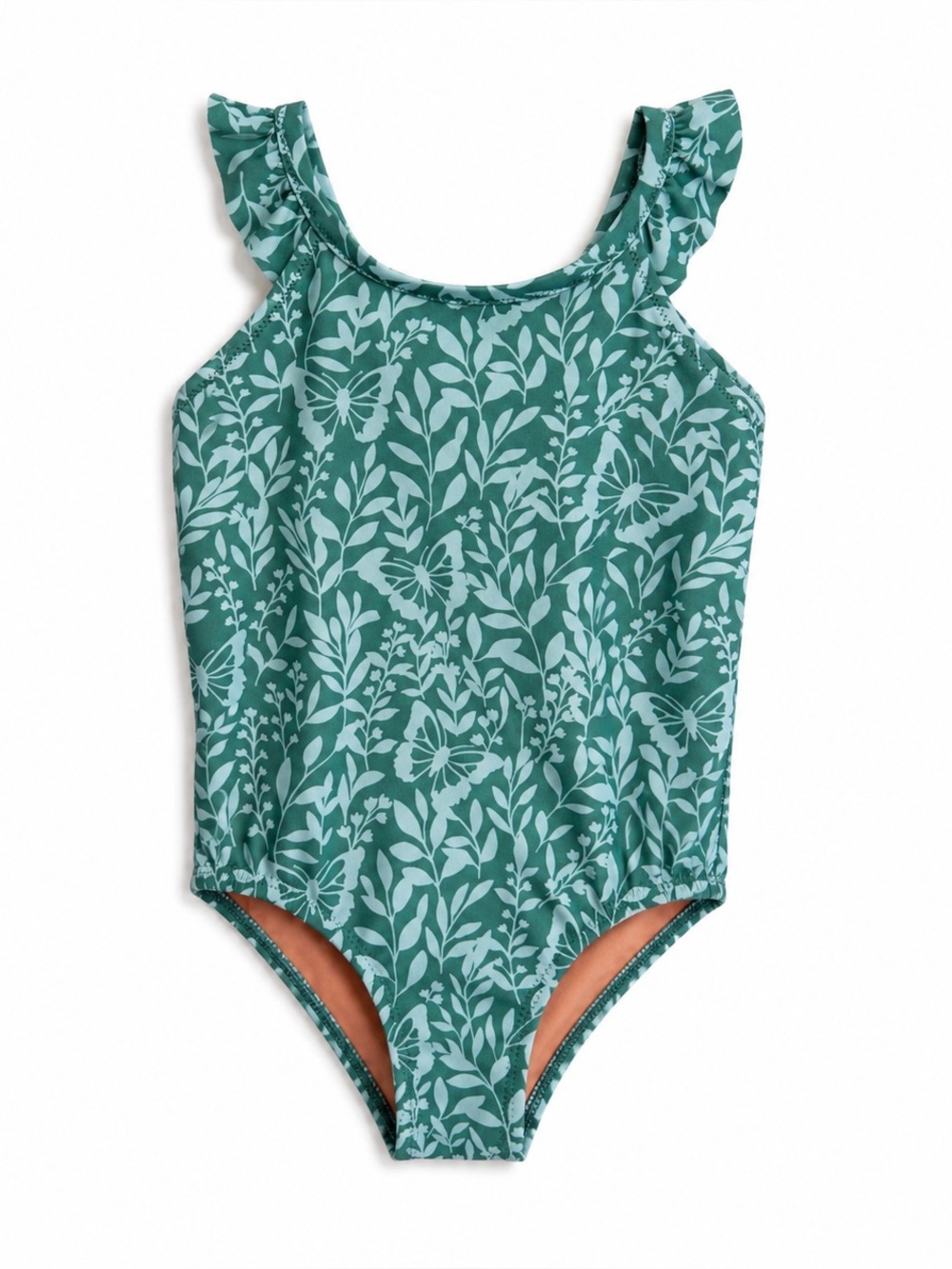 J. Crew Crewcuts Girls One Piece Ruffle Swimsuit 3T Green Botanical Butterfly